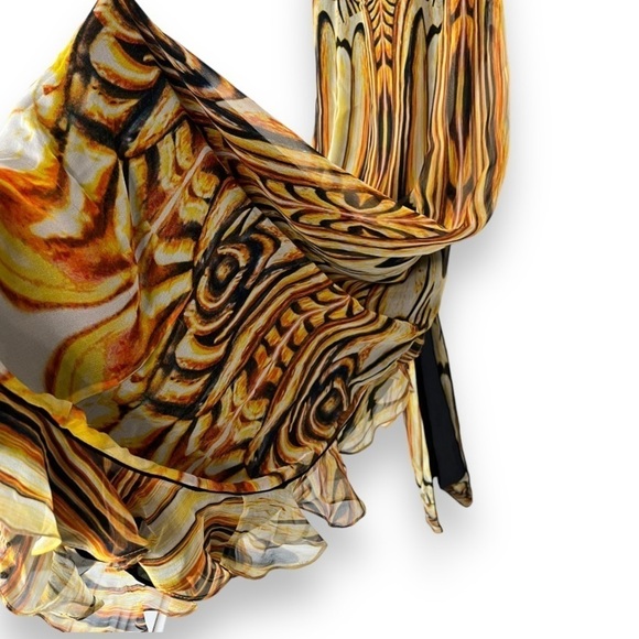 Tamsen Y2K Designer Gold/Brown Abstract Print Ruffle Halter Silk Gown NWT - Picture 8 of 16